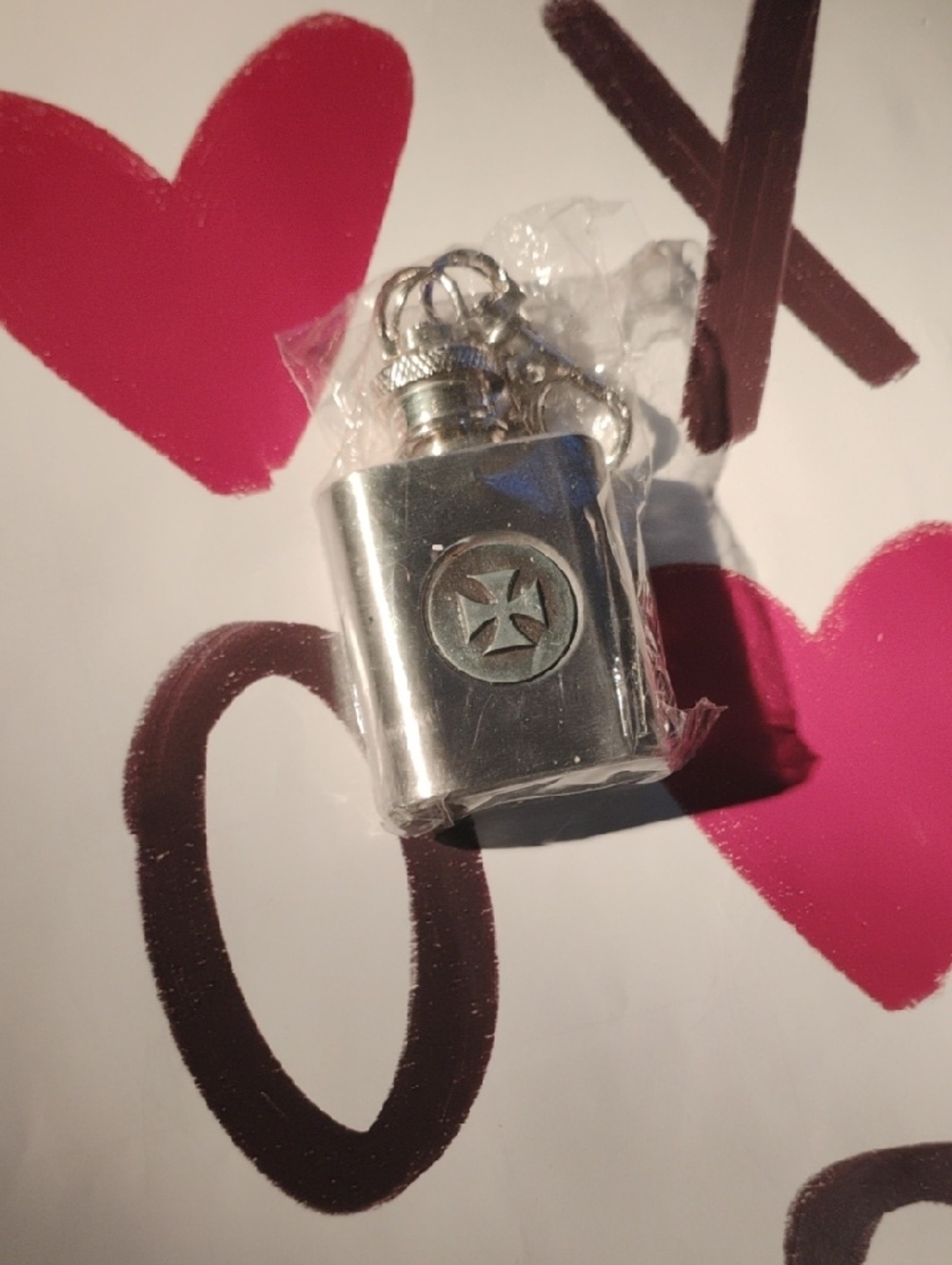 Silver Mini Flask Keychain with Maltese Cross
